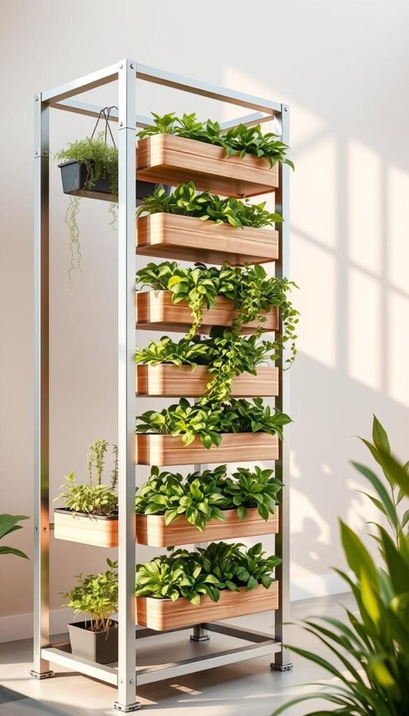 A modern, minimalist vertical gardening rack with clean metal frames and multiple tiers of sleek, modular planter boxes. The foreground showcases the main rack structure in a polished silver tone, with natural wood accents and a seamless, modular design. The middle ground features lush, vibrant greenery cascading from the various planter levels, creating a sense of abundant vertical space utilization. The background is a bright, airy scene with warm, directional lighting casting soft shadows, evoking a serene, nature-inspired atmosphere. The overall composition emphasizes efficient, space-saving vertical gardening in a contemporary, visually appealing manner.