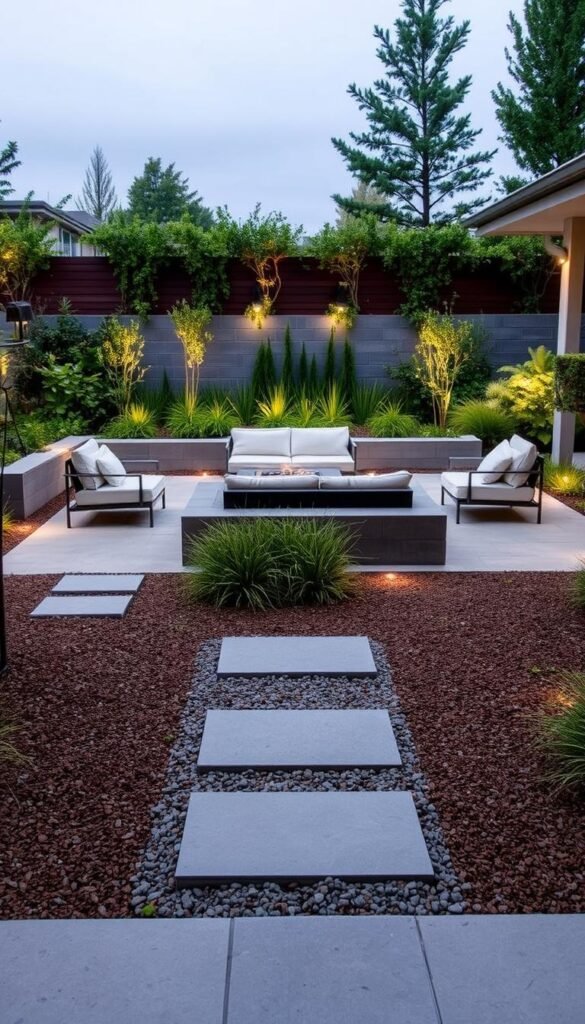 A modern, permeable patio design with a sleek, contemporary aesthetic. The foreground features a mix of permeable pavers and stepping stones, creating an organic, nature-inspired path. The middle ground showcases a minimalist seating area with modern, low-profile furniture arranged around a central fire pit or water feature. In the background, a lush, verdant garden with a variety of native plants and shrubs adds a touch of greenery, blending the patio seamlessly with the surrounding landscape. Soft, diffused lighting from strategically placed fixtures casts a warm, inviting glow across the scene. The overall atmosphere evokes a sense of tranquility and sophisticated outdoor living.