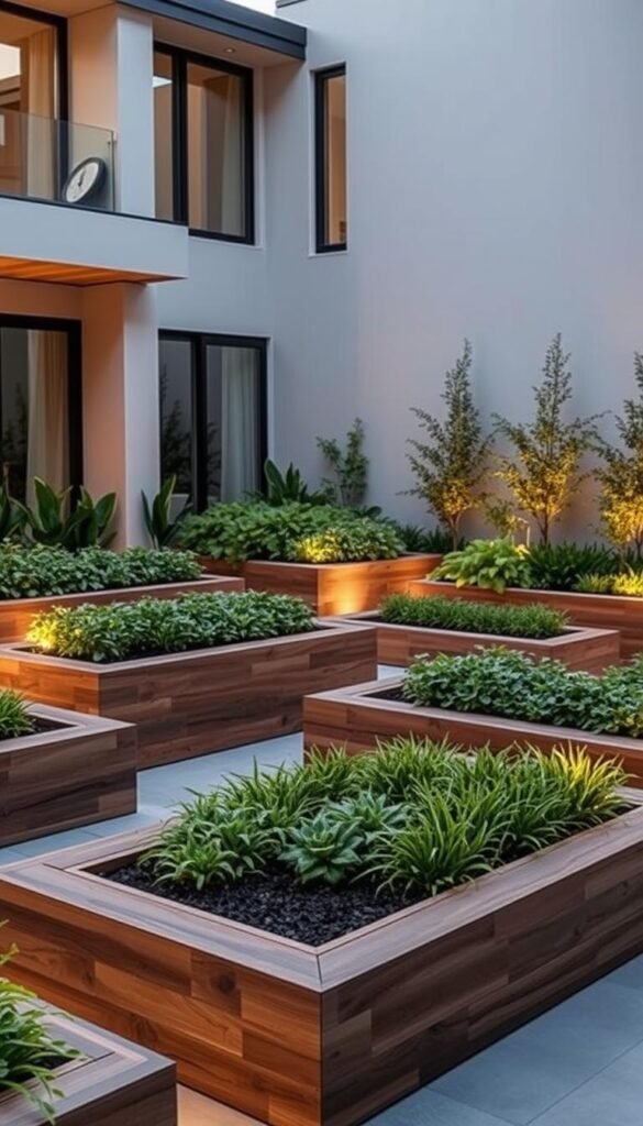 A modern raised garden bed design with sleek, minimalist lines and geometric shapes. The beds are arranged in a harmonious layout, seamlessly blending with the contemporary architecture of the home. Crisp, clean lines define the structure, accentuated by the use of natural materials like wood and stone. Soft, diffused lighting casts a warm glow, highlighting the textural details. The overall aesthetic is one of understated elegance, where the raised beds become an integral part of the home's architectural landscape. Lush, vibrant vegetation spills over the edges, creating a striking contrast against the refined, minimalist design.