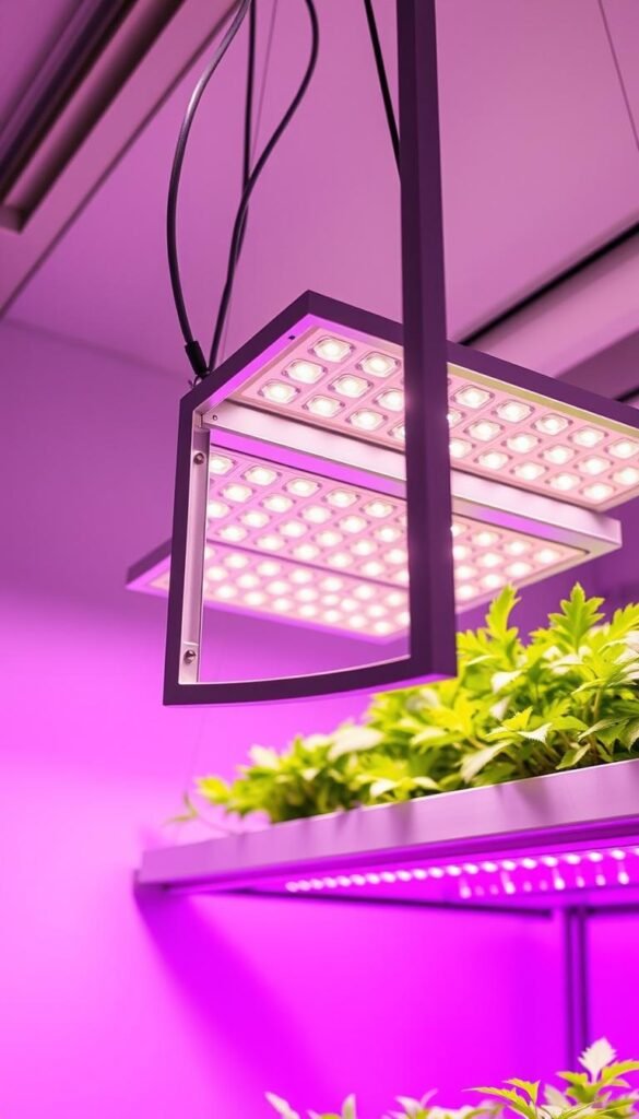 A modern, sleek LED grow light design with a minimalist aesthetic. The light fixture is suspended from the ceiling, its angular aluminum frame housing an array of bright, energy-efficient LED bulbs. The lights softly illuminate a lush, verdant indoor hydroponic garden below, casting a warm, natural glow across the scene. The setup is visually striking, blending seamless functionality with a modern, design-forward sensibility that elevates the grow space. Crisp, detailed lighting and carefully composed angles showcase the innovative form factor of the grow light, creating an image that is both technically informative and aesthetically pleasing.