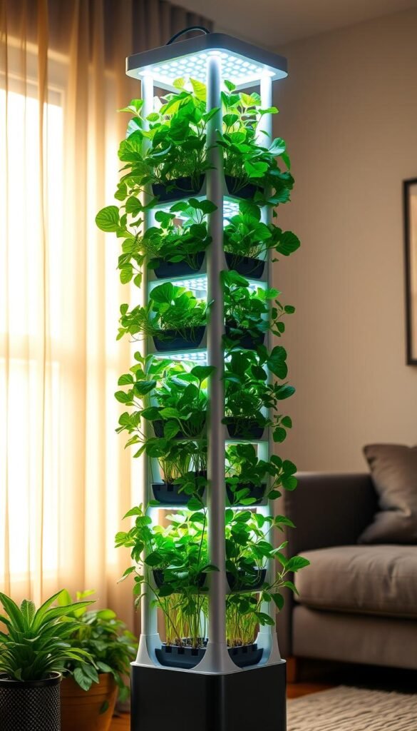 A modern, sleek aeroponic tower garden stands proudly in a cozy living room, bathed in warm, natural lighting. The slim, cylindrical tower features multiple tiers of lush, verdant plants thriving without soil, their roots suspended in a mist of nutrient-rich water. Bright LED grow lights mounted at the top cast an ethereal glow, highlighting the vibrant foliage. The clean, minimalist design of the tower blends seamlessly with the modern, earthy decor, creating a harmonious and inviting atmosphere for urban farming. The image captures the simplicity and convenience of growing your own fresh produce right at home, transforming a living space into a self-sustaining, efficient vertical garden.