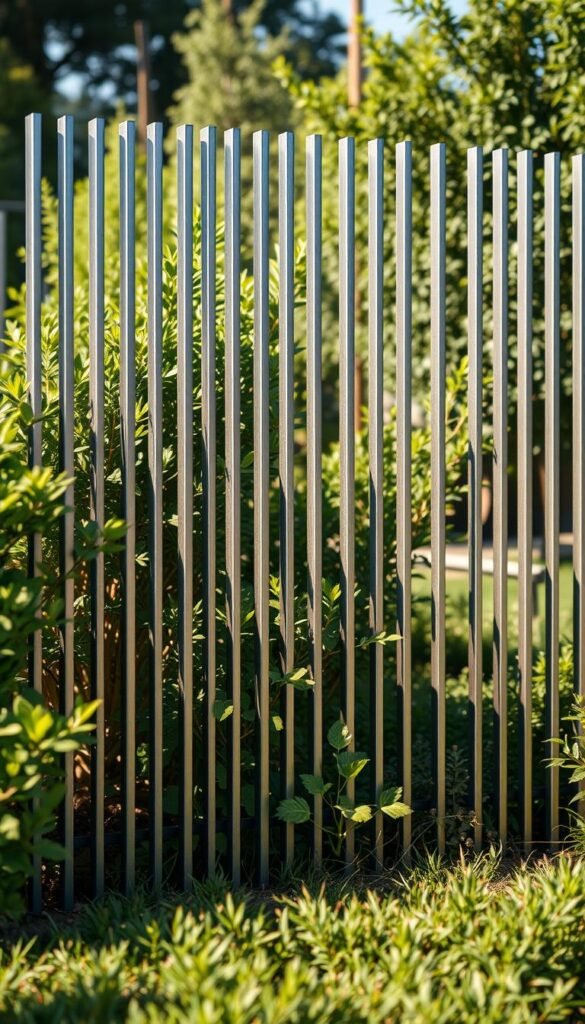 A modern, sleek metal garden fence with clean lines and a minimalist design. The fence is made of thin, vertical metal bars in a brushed steel finish, creating a strong, industrial aesthetic. The bars are evenly spaced, casting dynamic shadows on the ground beneath. Lush, green foliage frames the fence, adding a touch of natural contrast. The scene is bathed in warm, directional lighting, highlighting the texture and sheen of the metal. The overall composition conveys a sense of contemporary elegance and functionality, perfectly suited for a backyard vegetable garden.