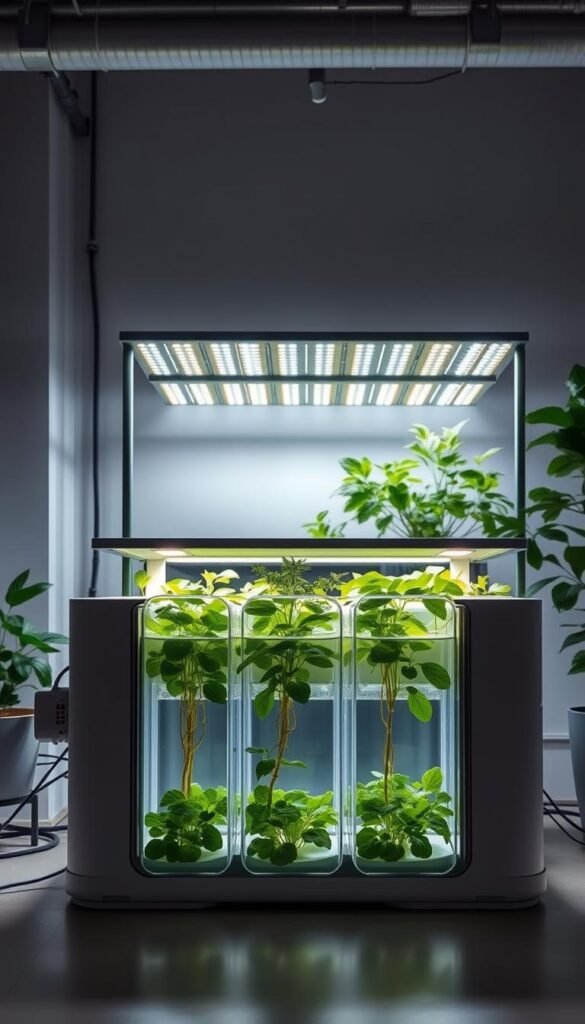 A modern, state-of-the-art hydroponic system setup, showcasing a sleek, minimalist design. In the foreground, a compact, self-contained unit with transparent panels, revealing the nutrient-rich water and thriving plants. In the middle ground, a series of adjustable LED grow lights casting a warm, natural glow, illuminating the lush foliage. The background features a clean, uncluttered space, with subtle hints of industrial-inspired elements, creating a harmonious and visually appealing environment for urban gardening. The entire setup exudes a sense of efficiency, innovation, and the joy of cultivating fresh, sustainable produce in a compact, indoor setting.