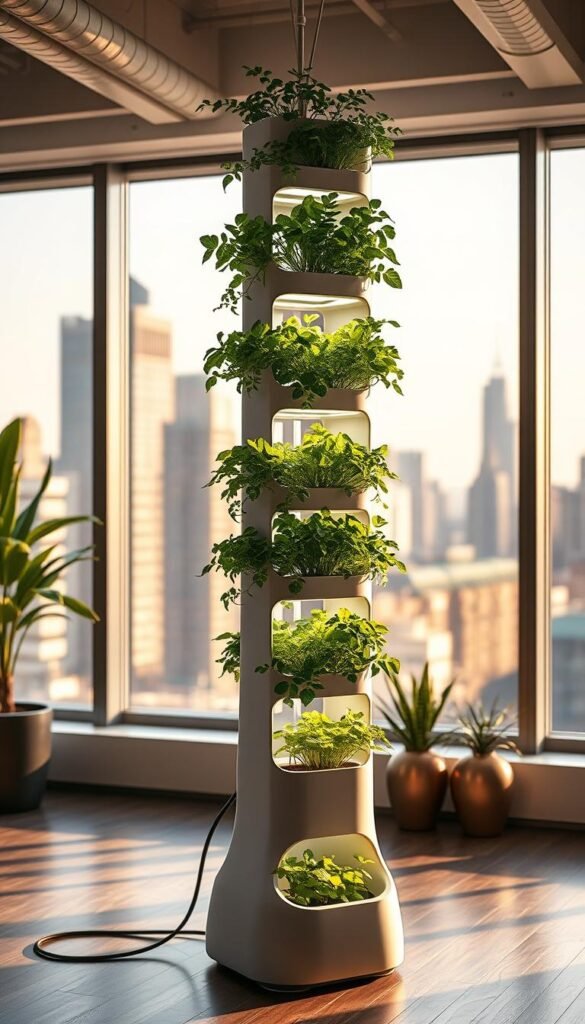 A modern urban interior with an aeroponic tower garden prominently displayed. The tower is sleek and minimalist, featuring multiple tiers of lush greenery thriving without soil. Warm, diffused lighting illuminates the scene, casting soft shadows and highlighting the vibrant colors of the plants. The background is a chic, loft-style space with large windows overlooking a cityscape. The composition draws the eye to the tower, emphasizing its efficient, space-saving design and the benefits it provides for urban gardeners. The overall atmosphere is one of tranquility, sustainability, and the harmonious integration of nature and modern living.
