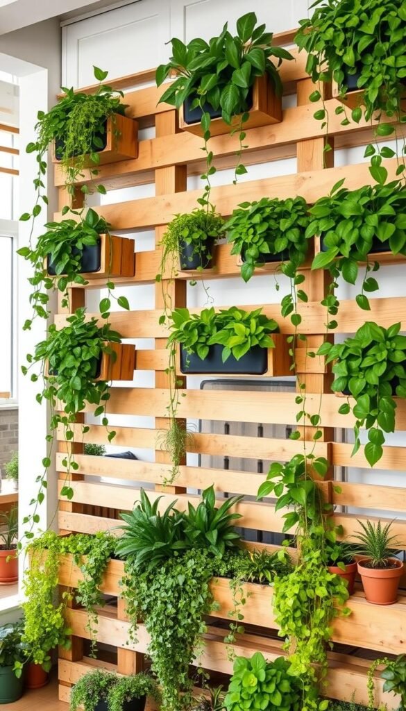 A modern vertical garden wall with upcycled pallet planters in the foreground. The planters are arranged in a visually striking, asymmetric pattern, filled with lush, vibrant greenery cascading over the edges. The middle ground features a mix of trailing vines and potted succulents, creating a cohesive, organic composition. The background is a bright, airy space with natural light filtering in, accentuating the verdant tones and textures of the plants. The overall mood is one of sustainable innovation, elevating the humble pallet into a chic, space-saving vertical gardening solution.