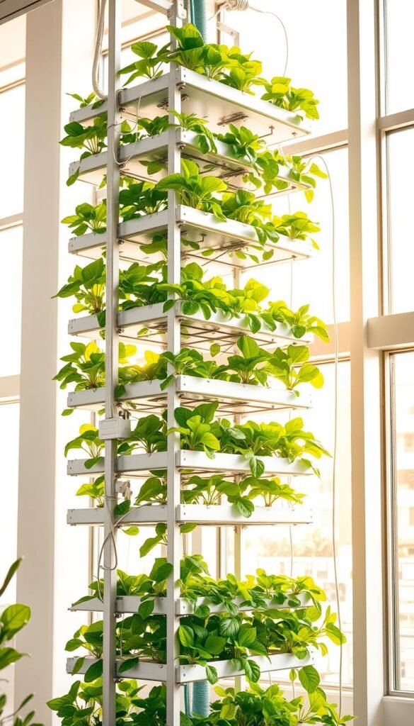 A modern vertical hydroponics system set against a bright, airy backdrop. Towering shelves filled with lush, verdant plants, their leaves catching the warm, natural light filtering through large windows. Sleek, minimalist steel frames support the cascading tiers, while a network of transparent tubing and misting nozzles deliver a constant flow of nutrient-rich water. The system appears both highly functional and visually striking, blending seamless engineering with the vibrant, organic growth of the thriving produce. A sense of technological innovation combined with the serene beauty of a thriving indoor garden.