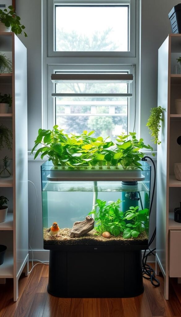 A modern, well-designed home aquaponics setup with a centrally placed grow bed surrounded by a fish tank. The grow bed features a lush, thriving garden of leafy greens and herbs, nourished by the nutrient-rich water from the adjacent fish tank. Sleek, minimalist shelving units flank the setup, housing additional plants and accessories. Soft, natural lighting filters in through large windows, creating a bright, airy atmosphere. The overall layout is both practical and visually appealing, showcasing the harmonious integration of aquaculture and hydroponics in a compact, domestic space.