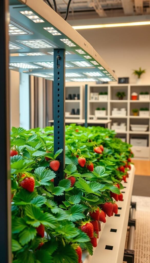 A modern, well-lit hydroponic indoor garden setup, showcasing a lush arrangement of thriving strawberry plants in various stages of growth. The foreground features a sleek, minimalist grow system with adjustable LED lighting fixtures casting a warm glow, while the middle ground displays healthy, vibrant strawberry plants supported by a structured, modular hydroponics system. In the background, a clean, organized workspace with shelving and storage for hydroponic supplies creates a cohesive, professional-grade indoor farming environment. The overall scene conveys a sense of technological innovation, efficient productivity, and the joys of growing fresh, sustainable produce at home.