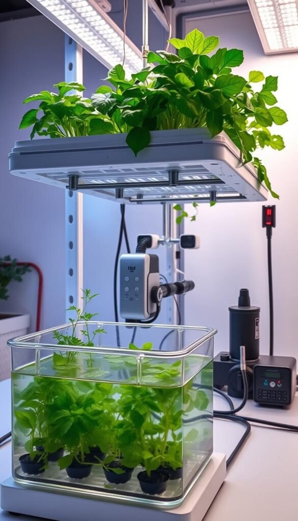 A modern, well-lit hydroponic system, showcasing the key components in a clean, minimalist arrangement. The foreground features a transparent nutrient reservoir, with lush green leafy herbs thriving in the grow trays above. The middle ground displays the water pump, tubing, and monitoring devices, all neatly organized. The background depicts a sleek, modular system design, hinting at the scalability and efficiency of this indoor growing setup. The overall mood is one of calm, scientific precision, inviting the viewer to understand the basic principles of this sustainable, year-round herb cultivation method.