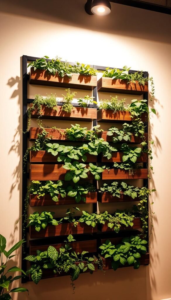 A modern, well-lit vertical garden panel system with clean, minimalist design. The panels are made of sleek, powder-coated metal frames with rows of deep, rectangular planter boxes made of durable, weathered wood. The boxes are filled with lush, vibrant greenery - a mix of leafy herbs, vegetables, and trailing vines cascading down the sides. The composition features a symmetrical, grid-like arrangement, with the panels set against a plain, off-white wall, allowing the greenery to be the star. Warm, directional lighting from above casts dramatic shadows, highlighting the textures and forms. The overall mood is one of urban sustainability and space-efficient gardening.