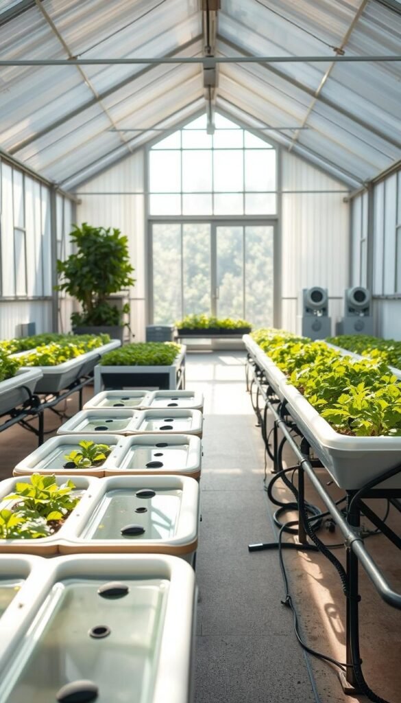 A modular, expandable aquaponic system set against a bright, airy greenhouse interior. In the foreground, a series of interconnected grow beds and fish tanks arranged in a visually harmonious layout, conveying a sense of scalability and customization. The middle ground features lush, verdant plants thriving in the aquaponic environment, illuminated by soft, natural lighting filtering through the greenhouse's large windows. In the background, a vista of additional modular components waiting to be integrated, hinting at the system's potential for growth and flexibility. The overall atmosphere is one of efficient, sustainable food production in a clean, modern setting.