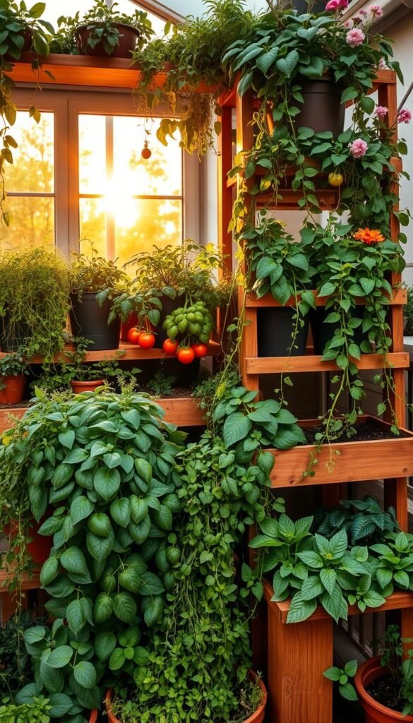 A multi-tiered container garden overflowing with lush greenery, cascading down a series of wooden shelves and planters. The foreground features an assortment of potted herbs, vegetables, and trailing vines, artfully arranged to create a sense of abundance and depth. The middle ground showcases larger planters housing thriving tomato plants, their vines winding up custom-built trellises. In the background, a vertical tower of stackable containers hosts a variety of leafy greens and vibrant flowers, bathed in warm, golden sunlight filtered through a large window. The overall composition conveys a harmonious blend of functionality and visual appeal, inspiring the viewer to consider creative ways to maximize limited space for a bountiful urban garden.