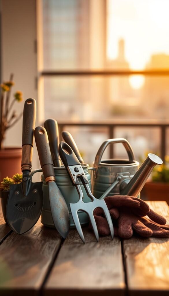 A neatly arranged collection of essential urban gardening tools, including a sturdy trowel, pruning shears, a small hand fork, a watering can with a long spout, and a pair of gardening gloves, all resting on a wooden table. Warm, natural lighting illuminates the scene, casting soft shadows and highlighting the textures of the tools. The background features a blurred urban skyline, suggesting a cozy balcony or rooftop garden setting. The overall mood is one of productivity, organization, and a connection to nature in an urban environment.