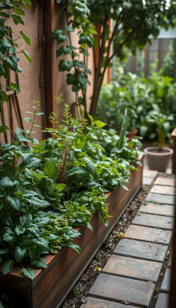 A neatly arranged compact garden bed, its raised frame creating a cozy, intimate space. The foreground showcases a lush assortment of leafy greens, vibrant vegetables, and fragrant herbs, their leaves gently swaying in the soft, diffused lighting. The middle ground features a winding path of natural stone pavers, leading the eye towards a backdrop of verdant foliage, hinting at the larger garden beyond. The overall composition conveys a sense of order, productivity, and a harmonious integration of man-made and natural elements, perfect for a small backyard or balcony.