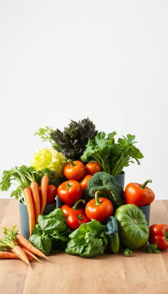 A neatly arranged display of assorted vegetables presented against a clean, bright backdrop. In the foreground, a variety of produce - carrots, lettuce, tomatoes, peppers - are carefully paired with appropriately sized containers, showcasing how different vegetable types thrive in their ideal growing environments. The middle ground features a simple wooden table or surface, allowing the focus to remain on the vegetable-container pairings. Soft, even lighting illuminates the scene, highlighting the vibrant colors and textures of the fresh produce. The overall composition conveys a sense of harmony, balance, and practicality, guiding the viewer's understanding of matching the right container size to specific vegetable varieties.