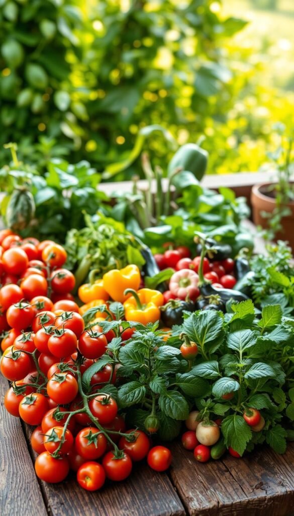 A neatly arranged display of compact and dwarf vegetable varieties, beautifully presented on a rustic wooden table. In the foreground, a variety of miniature tomato plants with vibrant red fruits, alongside petite bell peppers in an array of colors. The middle ground showcases diminutive eggplants, radishes, and leafy greens, all thriving in their compact forms. The background features a lush, verdant backdrop, suggesting a serene patio or balcony setting, illuminated by soft, natural lighting that casts gentle shadows, creating a warm and inviting atmosphere. The overall composition emphasizes the versatility and space-saving potential of these compact vegetable varieties, perfectly suited for urban gardeners and small-space enthusiasts.