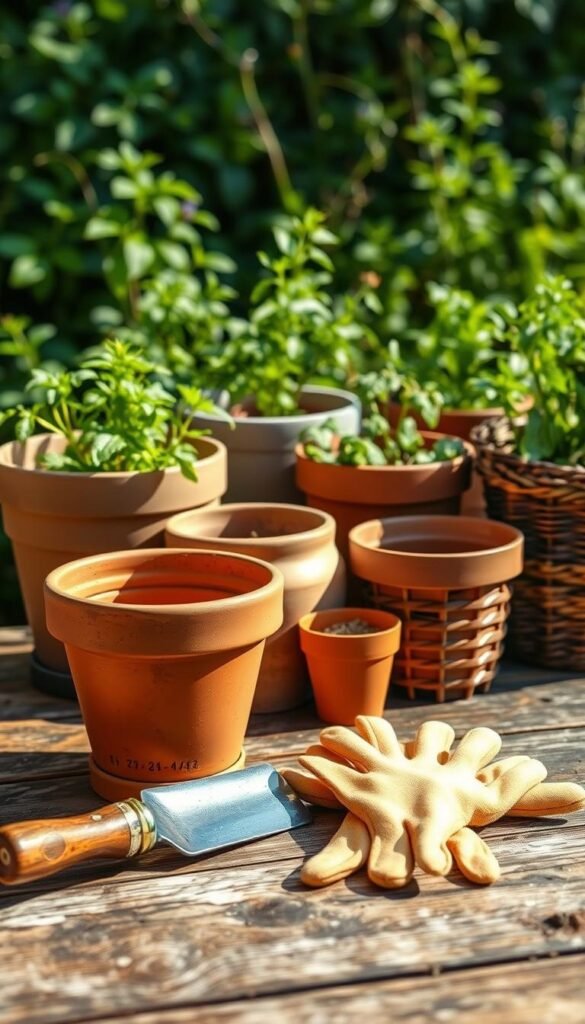 A neatly arranged display of essential container gardening items fills the frame. In the foreground, a terra cotta pot, trowel, and gardening gloves sit atop a rustic wooden surface, bathed in warm, natural lighting. In the middle ground, various sized planters in earthy tones - ceramic, plastic, and wicker - stand ready to host thriving vegetables and herbs. The background reveals lush greenery, hinting at the vibrant plants that will soon inhabit the containers. An overall sense of organization and simplicity pervades the scene, inviting the viewer to envision the joy of cultivating a bountiful patio garden.
