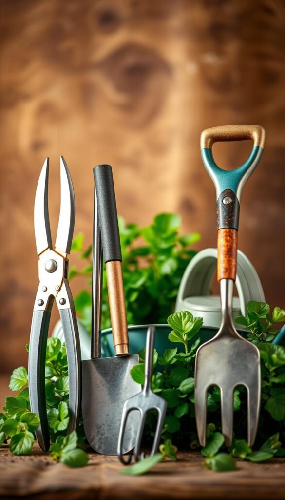 A neatly arranged display of essential gardening tools against a soft, natural backdrop. In the foreground, a pair of pruning shears, a trowel, and a hand cultivator stand upright, their metal surfaces gleaming in the warm, diffused lighting. In the middle ground, a watering can and a small garden fork lay nestled among lush, verdant foliage, hinting at the thriving garden they serve. The background features a blurred, earthy texture, suggesting a wooden surface or a well-tended soil bed, creating a sense of depth and grounding the scene in the realm of outdoor cultivation.