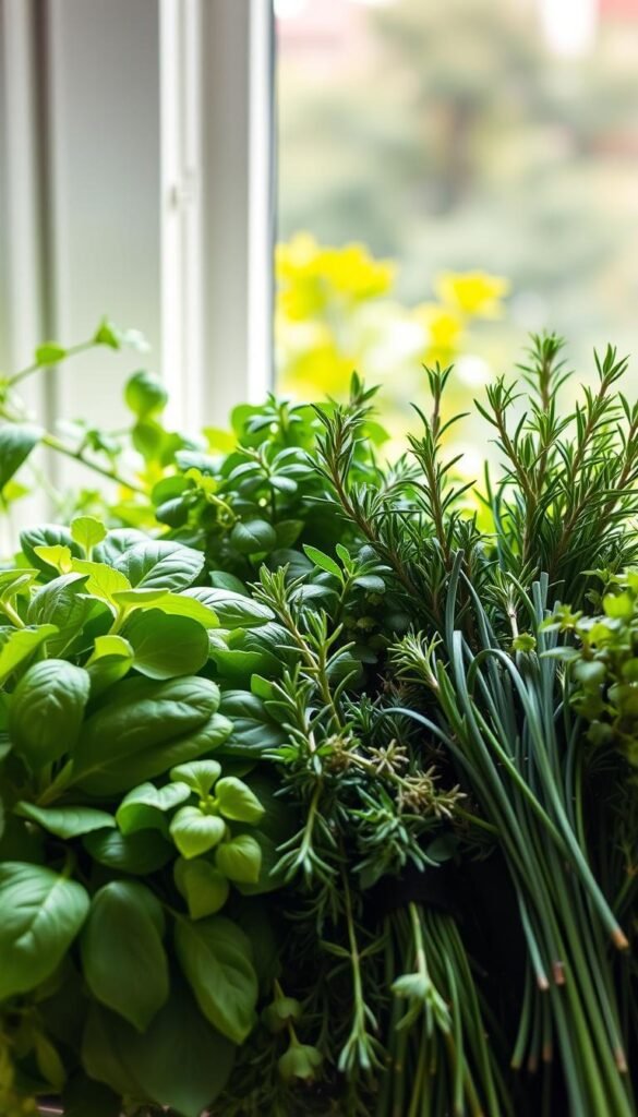 A neatly arranged display of fresh, aromatic herbs against a bright, natural background. In the foreground, bountiful bunches of basil, mint, rosemary, chives, and thyme are meticulously laid out, their vibrant colors and delicate textures capturing the essence of a lush, well-tended apartment window box. Soft, diffused lighting illuminates the scene, casting gentle shadows and highlighting the herbs' intricate details. The background features a serene, out-of-focus view of a sunny windowsill, creating a sense of tranquility and indoor-outdoor harmony. The overall composition conveys the joy and convenience of growing a variety of versatile herbs in a small urban space.