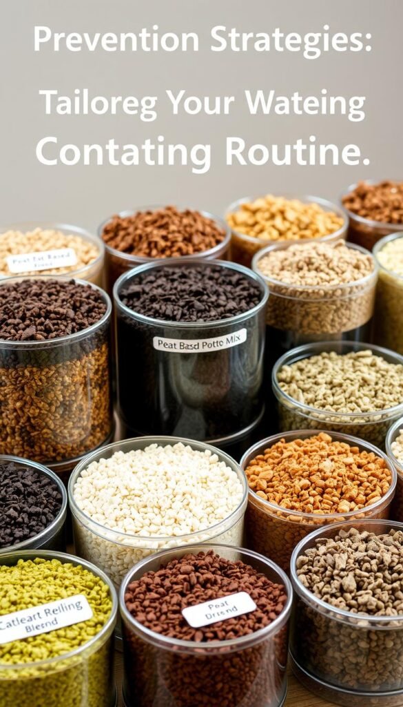 A neatly arranged display of various potting mixes in clear containers, showcasing their distinct textures and colors. The foreground features an assortment of soil-based and peat-based blends, with labels highlighting their intended uses for different plant types. In the middle ground, a well-lit composition highlights the moisture-retaining and drainage properties of each mix. The background is a softly blurred, neutral-toned setting, allowing the potting mixes to take center stage. The overall scene conveys a sense of organization and thoughtfulness in selecting the right soil for container plants, setting the stage for the "Prevention Strategies: Tailoring Your Watering Routine" section.