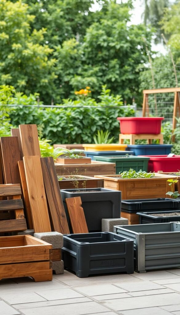 A neatly arranged display of various raised bed materials, shot in a well-lit, natural setting. In the foreground, an assortment of wooden planks, including cedar, pine, and reclaimed pallets, along with sturdy concrete blocks and sleek galvanized steel raised beds. The middle ground showcases a selection of colorful, weather-resistant plastic raised beds in different shapes and sizes. In the background, a lush, verdant garden backdrop provides a serene and inviting context. The overall composition highlights the diverse range of materials and design options available for creating compact, customizable raised beds for a mini vegetable garden. Captured with a crisp, high-resolution lens and a balanced, soft lighting to emphasize the textures and colors of the materials.