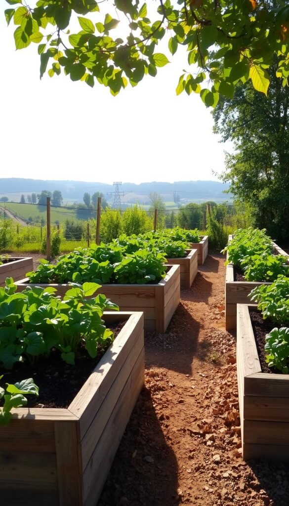 A neatly arranged garden of raised beds, bathed in warm afternoon sunlight. The beds are constructed with weathered wooden planks, their edges softened by time. Lush, verdant plants thrive within, their leaves rustling gently in a light breeze. The beds are spaced evenly, creating a sense of intentional, harmonious layout. In the background, a picturesque countryside scene unfolds, with rolling hills and a distant treeline. The overall atmosphere evokes a peaceful, bucolic setting, inspiring thoughts of bountiful harvests and the joys of gardening.
