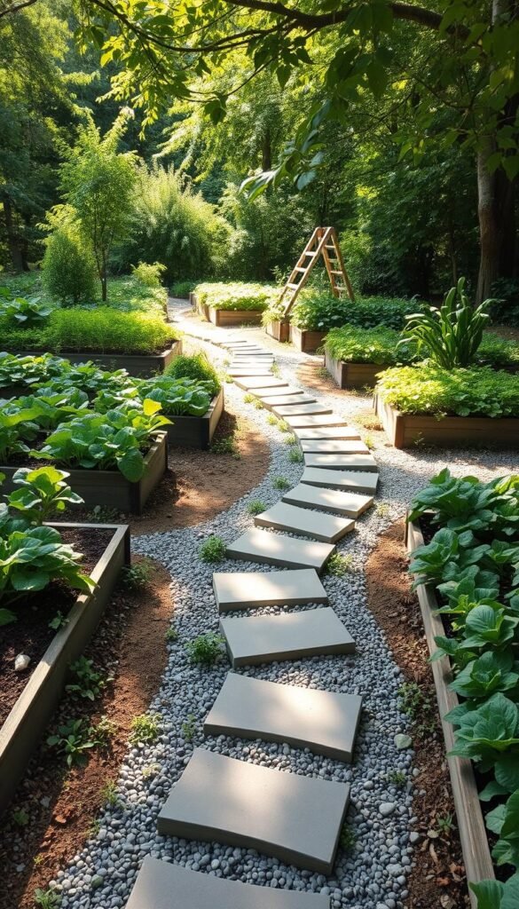 A neatly arranged garden pathway winding through lush vegetation, with well-designed, functional stepping stones and gravel lining the edges. The path curves gracefully, inviting exploration and easy navigation through the organized beds of thriving vegetables. Dappled sunlight filters through the canopy of nearby trees, casting a warm, natural glow over the scene. The layout is optimized for efficient movement and accessibility, with ample space between the raised beds allowing for comfortable passage. The overall design showcases a harmonious balance between form and function, creating an inviting and productive vegetable garden.