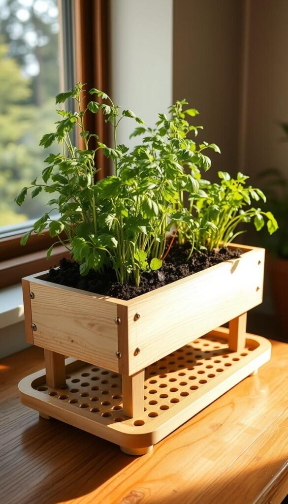 A neatly arranged herb container drainage setup, showcasing a wooden planter box with a perforated bottom and a shallow tray underneath. The planter is filled with rich, dark soil and lush green herb plants, their leaves gently swaying in the warm, natural light streaming through a nearby window. The setup is positioned on a wooden table or windowsill, with a slightly tilted angle to allow for efficient drainage. The overall scene exudes a sense of tranquility and harmony, perfectly complementing the indoor herb garden theme.