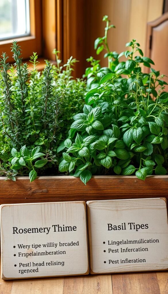 A neatly arranged indoor herb garden with various culinary plants, including rosemary, thyme, basil, and oregano. The plants are set against a warm, earthy-toned backdrop, with natural lighting filtering in from a nearby window. In the foreground, a set of carefully curated troubleshooting tips are displayed on weathered wooden panels, offering guidance on common issues like wilting, discoloration, and pest infestations. The overall scene conveys a sense of rustic charm and practical solutions for maintaining a thriving indoor herb garden.