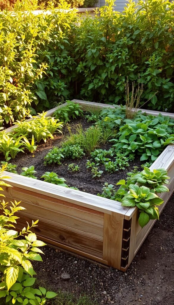 A neatly arranged raised garden bed in an L-shape configuration, with lush green vegetation spilling over the edges. The bed is constructed with weathered wooden planks, creating a rustic, organic aesthetic. Warm, golden sunlight filters through the surrounding foliage, casting gentle shadows and highlighting the textural details. The layout maximizes the available growing space, with carefully positioned plants thriving in the well-tended soil. The scene exudes a sense of balance, productivity, and harmony, reflecting the intersection of functional gardening and thoughtful design.