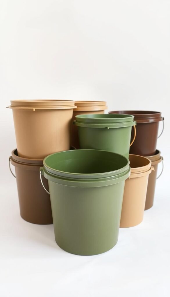 A neatly arranged set of various sized, food-grade plastic buckets, meticulously showcased against a clean, white background. The containers feature subtle textures and a range of earthy tones, from muted greens to natural beige, conveying a sense of quality and durability. The buckets are presented at an angle, creating a dynamic composition that highlights their functional shapes and sizes, ideal for container gardening. Soft, even lighting illuminates the scene, emphasizing the practical yet aesthetically pleasing nature of these essential gardening tools. The overall mood is one of simplicity, practicality, and a focus on the core purpose of these containers: to facilitate successful and sustainable urban or small-space food production.
