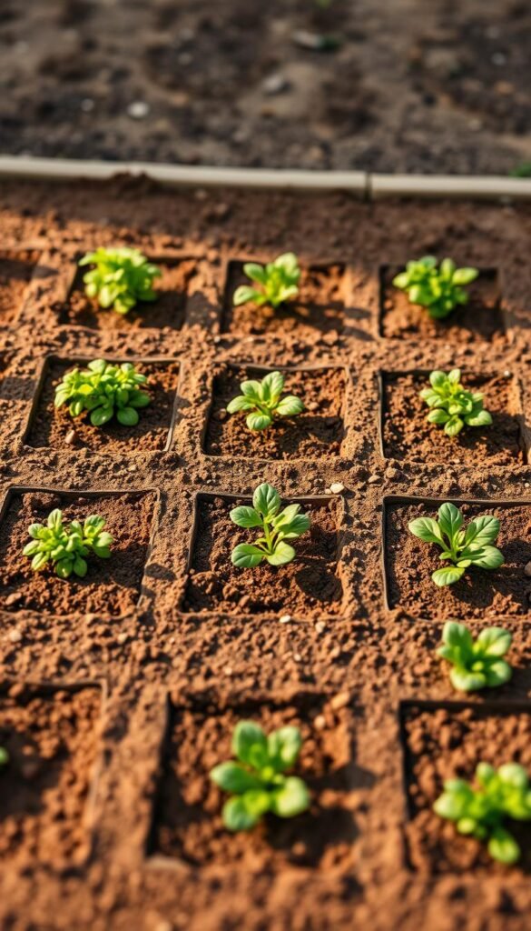 A neatly arranged square foot garden layout, with precise demarcations of individual 1-foot by 1-foot planting beds. The design is showcased against a soft, blurred background, creating a focus on the structured, efficient layout. Warm, natural lighting illuminates the scene, highlighting the rich soil and lush, verdant plants thriving within the defined sections. The camera angle is slightly elevated, providing an overhead view that emphasizes the geometric patterns and thoughtful organization of this sustainable gardening approach. The overall mood conveys a sense of order, productivity, and the harmony between human ingenuity and the natural world.