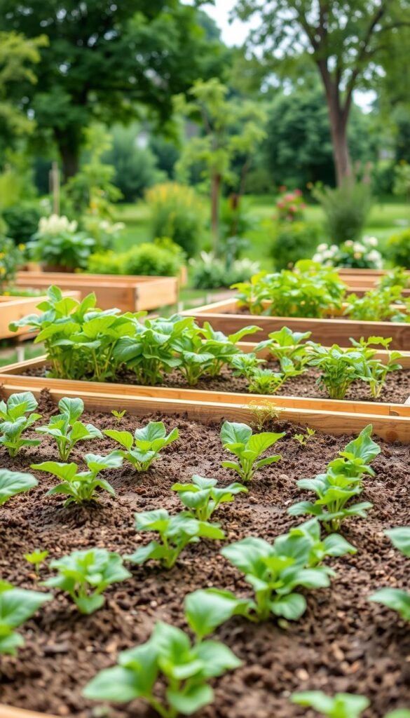 A neatly arranged square foot gardening plot, with perfectly spaced grid-like sections for growing a variety of vegetables. The foreground features lush, vibrant plants flourishing in their designated square foot spaces, their leaves and stems casting soft, natural shadows on the rich, loamy soil. The middle ground showcases the carefully constructed wooden raised beds, their edges clean and precise, blending seamlessly with the surrounding natural environment. In the background, a tranquil garden scene unfolds, with verdant trees and shrubs providing a sense of depth and a calming, serene atmosphere. The lighting is soft and diffused, capturing the essence of a thriving, productive square foot garden.
