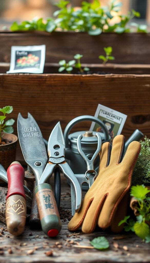 A neatly arranged still life composition of essential gardening tools against a natural, earthy backdrop. In the foreground, a diverse set of hand tools - trowel, pruning shears, gardening gloves, and a hand cultivator - positioned with care. In the middle ground, a small watering can and a packet of seeds add functional details. The background features a rustic wooden surface, perhaps a planter or potting bench, with hints of greenery peeking through. Warm, soft lighting casts a gentle glow, evoking the feeling of an urban gardener's workspace. The overall mood is one of practicality, sustainability, and a connection to nature, reflecting the themes of the "Guerrilla Gardening Projects" article.