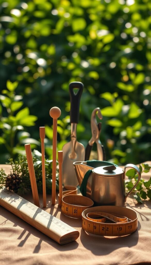 A neatly arranged still life of assorted garden planning tools in a warm, natural light. In the foreground, a wooden ruler, measuring tape, and garden stakes, all cast soft shadows on a earthy-toned cloth surface. In the middle ground, a hand trowel, pruning shears, and a small watering can stand upright, gleaming in the light. In the background, hazy outlines of lush, verdant foliage create a soothing, pastoral atmosphere. The overall mood is one of thoughtful preparation and care for a bountiful vegetable and fruit garden.