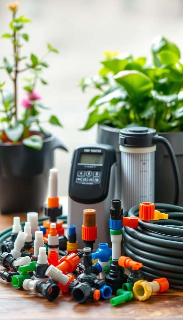 A neatly arranged still life of high-quality drip irrigation kit components, illuminated by soft, natural lighting. In the foreground, a selection of drip emitters, connectors, and tubing in various sizes and colors, showcasing the diverse elements of a comprehensive drip irrigation system. In the middle ground, a compact digital water timer and a compact filter unit, highlighting the advanced control and filtration features of the kit. In the background, a lush, verdant container garden, hinting at the intended application of the drip irrigation system. The overall composition conveys the thoughtful, practical, and eco-friendly nature of a drip irrigation kit designed for container gardening.