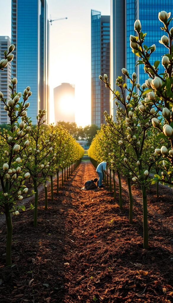 A neatly arranged urban orchard, with rows of young fruit trees in the foreground, their branches heavy with budding blossoms. In the middle ground, gardeners carefully tend to the soil, adding nutrient-rich compost and mulch. A backdrop of sleek modern buildings contrasts with the organic growth, while the warm golden light of an afternoon sun filters through the canopy, casting a serene glow over the scene. The composition highlights the harmonious integration of nature and urban living, showcasing sustainable planting techniques for a thriving city-based fruit garden.