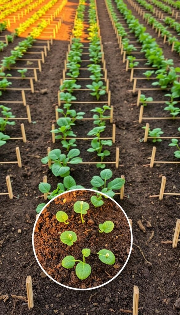 A neatly gridded vegetable plot, with evenly spaced rows and columns, illuminated by warm, natural lighting. The grid is composed of distinct sections, each demarcated by thin, wooden dividers, creating a visually appealing and organized layout. The soil is rich and dark, ready to nurture the growing plants. In the foreground, a magnified view showcases the precise spacing between each plant, optimized for maximum yield and efficiency. The scene conveys a sense of order, planning, and horticultural expertise, perfectly suited to illustrate the "Optimizing Plant Spacing and Garden Efficiency" section.