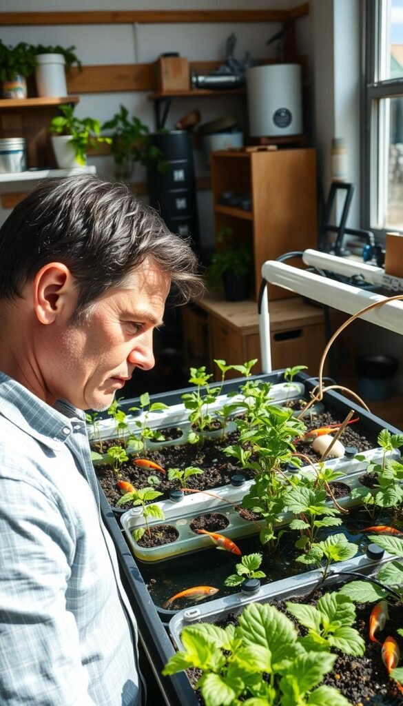 A neatly organized aquaponic garden with various plants and fish visible, set against a backdrop of a well-equipped home DIY workshop. In the foreground, a person is closely examining the system, troubleshooting potential issues with a serious yet thoughtful expression. Crisp natural lighting illuminates the scene, and the composition is balanced with a sense of harmony between the organic and technological elements. The overall mood is one of problem-solving and dedication to sustainable home gardening.