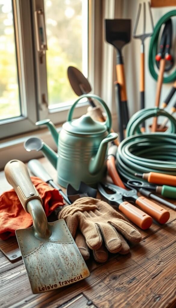 A neatly organized arrangement of budget-friendly gardening tools on a rustic wooden surface, illuminated by warm, natural light from a window. In the foreground, a hand-trowel, gardening gloves, and a small hand-held cultivator. In the middle ground, a watering can, pruning shears, and a small rake. In the background, a spade, garden hose, and a pair of gardening clippers. The overall scene conveys a sense of simplicity, practicality, and the DIY ethos of budget-conscious gardening.