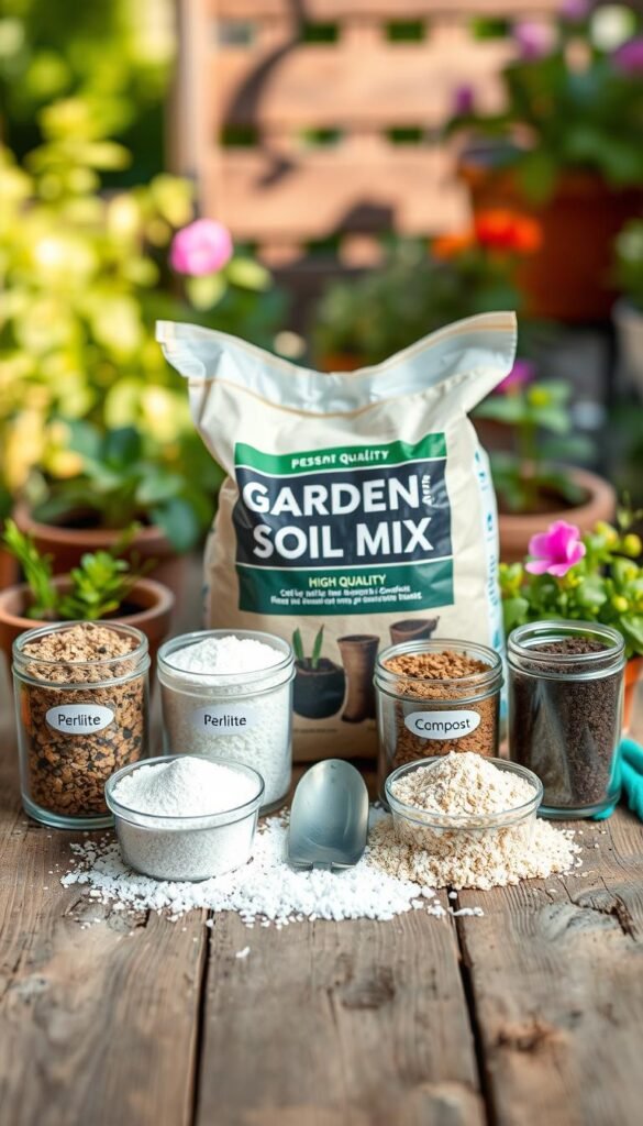 A neatly organized arrangement of essential gardening soil mix components on a rustic wooden surface. In the foreground, a variety of soil amendments such as perlite, vermiculite, and compost, each in their own clear container, creating a visually appealing display. In the middle ground, a bag of high-quality potting mix serves as the foundation, accompanied by a small trowel and gardening gloves. The background features a blurred outdoor setting, hinting at the use of these materials in a lush, thriving container garden. The lighting is soft and natural, casting gentle shadows and highlighting the textures of the different soil additives. This image conveys the importance of carefully selecting and combining the right soil mix ingredients for successful container gardening.
