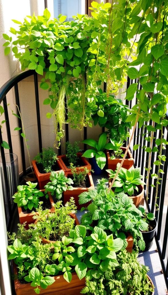 A neatly organized balcony garden layout, carefully planned with thoughtful consideration. Verdant potted plants, meticulously arranged in an aesthetically pleasing composition, cast gentle shadows under the warm afternoon sun. Trailing vines and lush foliage cascade gracefully, framing the scene. Wooden planters, strategically placed, hold a variety of thriving herbs and vegetables, ready to be harvested. The balcony's railing serves as a natural trellis, supporting climbing plants that add depth and texture to the scene. A sense of tranquility and productivity permeates the space, inviting the viewer to envision the joys of small-space gardening.