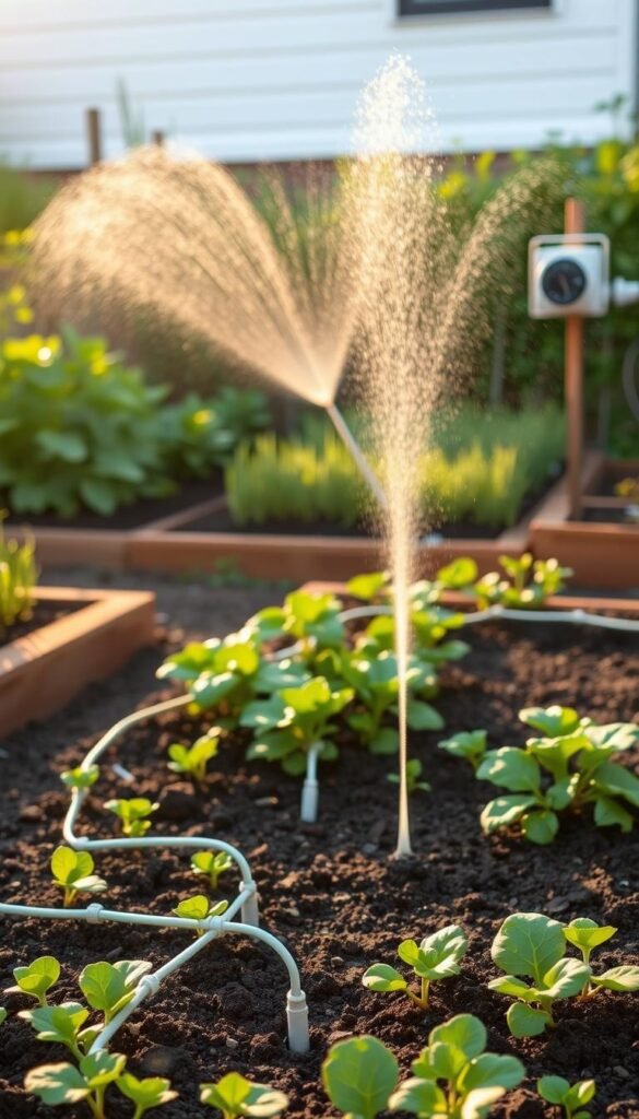 A neatly organized front yard vegetable garden, featuring an efficient watering system. In the foreground, a carefully designed drip irrigation network snakes through the raised garden beds, delivering water directly to the roots of the thriving plants. The middle ground showcases a well-maintained sprinkler system, its gentle mist glistening in the warm, golden sunlight. In the background, a modern water timer controls the flow, ensuring optimal hydration for the garden. The overall scene conveys a sense of harmony, with the lush greenery and orderly irrigation creating a visually appealing and sustainable landscape.