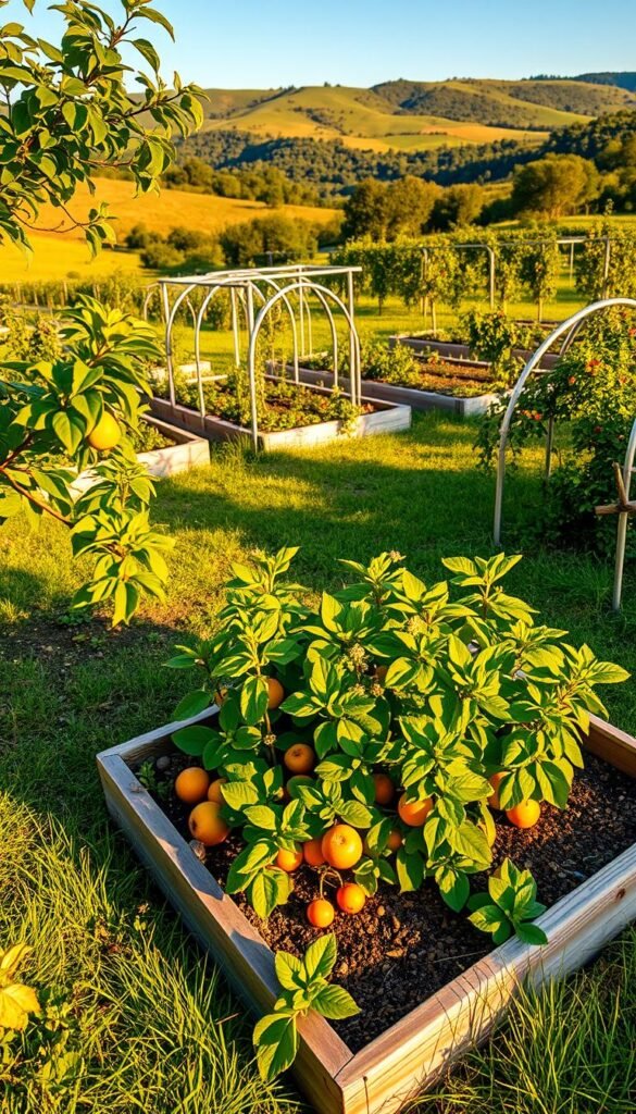A neatly organized fruit garden with a year-round harvest plan. In the foreground, a small raised garden bed filled with a variety of thriving fruit plants, their leaves and blossoms catching the warm, golden light of the sun. In the middle ground, a carefully designed layout of additional garden beds and trellises, showcasing a diverse array of fruit trees and vines in different stages of growth. The background features a lush, verdant landscape, with rolling hills and a clear blue sky, evoking a sense of harmony and abundance. The scene is captured with a wide-angle lens, highlighting the efficient use of space and the seamless integration of the various elements of the garden design.