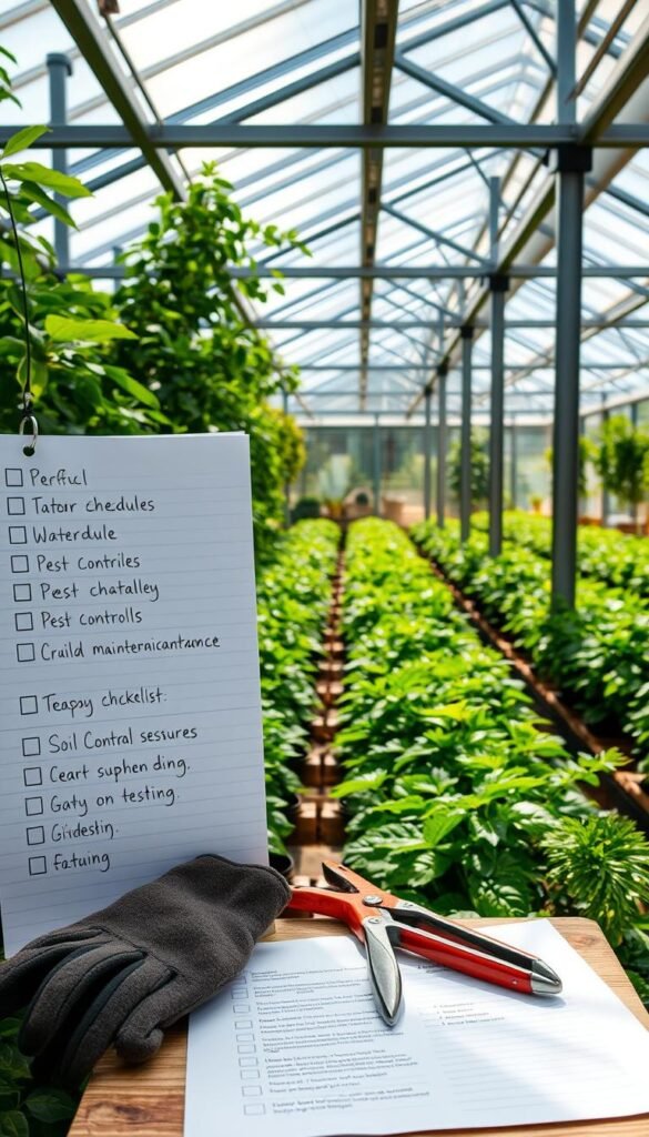 A neatly organized greenhouse maintenance checklist against a backdrop of lush foliage and natural light streaming through glass panes. The checklist features carefully handwritten notes on various tasks, including watering schedules, pest control measures, and soil testing. In the foreground, a pair of gardening gloves and pruning shears rest on a small wooden table, conveying a sense of diligent care. The middle ground showcases rows of thriving plants, their vibrant colors and healthy leaves reflecting the greenhouse's optimal growing conditions. In the background, a panoramic view of the greenhouse's clean, well-maintained structure, with beams and supports creating a sense of order and structure. The overall atmosphere is one of tranquility, productivity, and a deep appreciation for the art of greenhouse gardening.