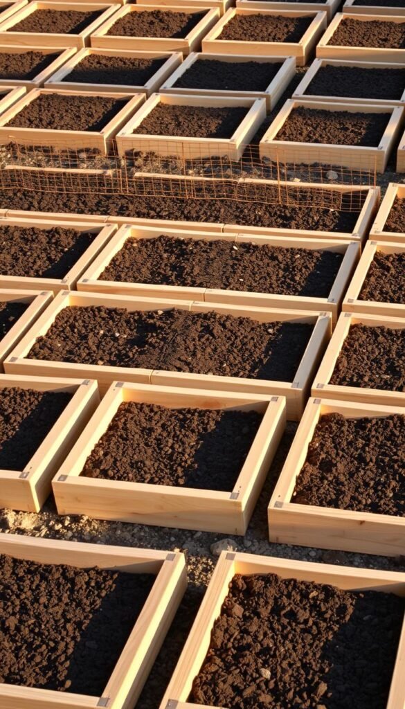 A neatly organized grid of square garden beds, each outlined by wooden slats and filled with rich, dark soil. The beds are spaced evenly, creating a visually harmonious pattern that showcases the principles of square foot gardening. The layout is illuminated by warm, natural lighting, casting gentle shadows and highlighting the textural details of the wood and soil. The overall scene conveys a sense of order, efficiency, and the promise of a thriving, productive garden. The image is captured from a slightly elevated angle, providing a clear view of the grid's structure and inviting the viewer to imagine the diverse array of plants that could flourish within each individual square.