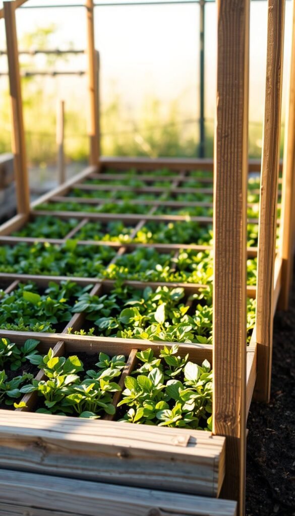 A neatly organized grid of sturdy wooden slats, forming a simple yet effective framework for a square foot garden. The weathered, natural wooden boards contrast beautifully against the lush, verdant soil in the foreground. Warm, golden sunlight filters through, casting soft shadows and a serene, inviting atmosphere. The grid's precise, geometric structure is the centerpiece, with attention to detail in the evenly spaced, interlocking sections. A practical, rustic design that seamlessly blends form and function, perfect for cultivating a thriving, productive square foot garden.