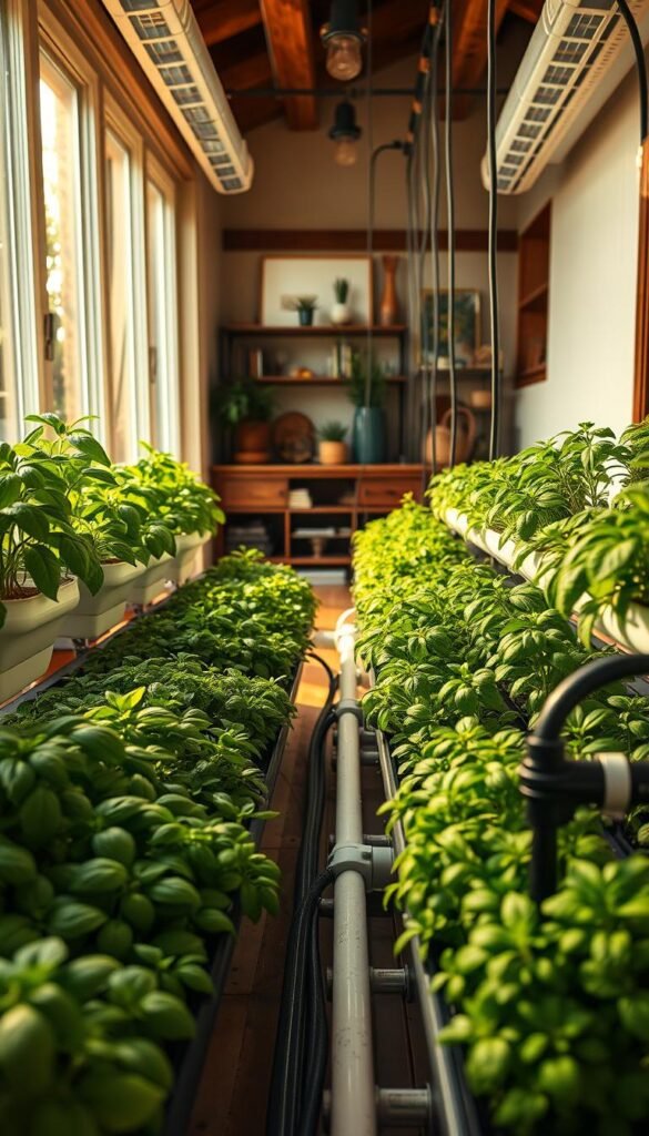A neatly organized indoor hydroponics garden, bathed in warm, natural lighting from large windows. The foreground features an abundance of lush, vibrant herbs - fragrant basil, mint, and other leafy greens thriving in their self-contained growing stations. The middle ground showcases the intricate system of pipes, pumps, and grow lights that sustain this year-round harvest. In the background, a cozy, minimalist interior with earthy tones and rustic accents creates a serene, inviting atmosphere. The overall scene conveys a sense of self-sufficiency, sustainability, and the joys of cultivating fresh herbs at home, all year long.