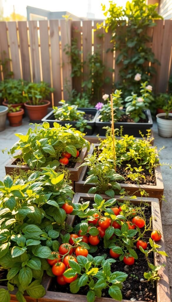 A neatly organized mini vegetable garden laid out on a patio or small backyard, with a variety of thriving plants in raised beds and containers. The scene is bathed in warm, golden afternoon light, creating a cozy, inviting atmosphere. In the foreground, leafy greens, vibrant tomatoes, and compact herb plants fill the raised beds, while trailing vines and flowers spill over the edges. In the middle ground, a mix of vegetable and flower pots line the perimeter, adding pops of color. The background features a simple wooden fence or trellis, framing the abundant greenery. The layout feels intentional and visually balanced, reflecting the joy and pride of a budding urban gardener.