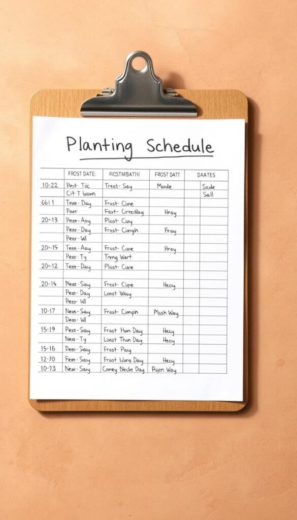 A neatly organized planting schedule with frost dates, displayed on a wooden clipboard against a soft, earthy background. The clipboard casts a subtle shadow, adding depth and dimension. The text is clear and legible, with a mix of handwritten and typed elements, conveying a sense of careful planning and attention to detail. The overall mood is one of anticipation and preparation for the upcoming growing season, with a touch of rustic charm.